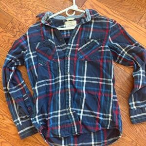 Navy and red plaid flannel button down collar shirt